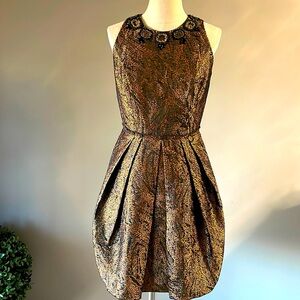 Carmen Marc Valvo silk bronze metallic evening mini dress embellished neck 8